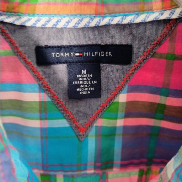 Tommy Hilfiger Button Up Blouse Women's Sz M Multicolor Plaid Roll Tab Sleeve - Picture 2 of 12